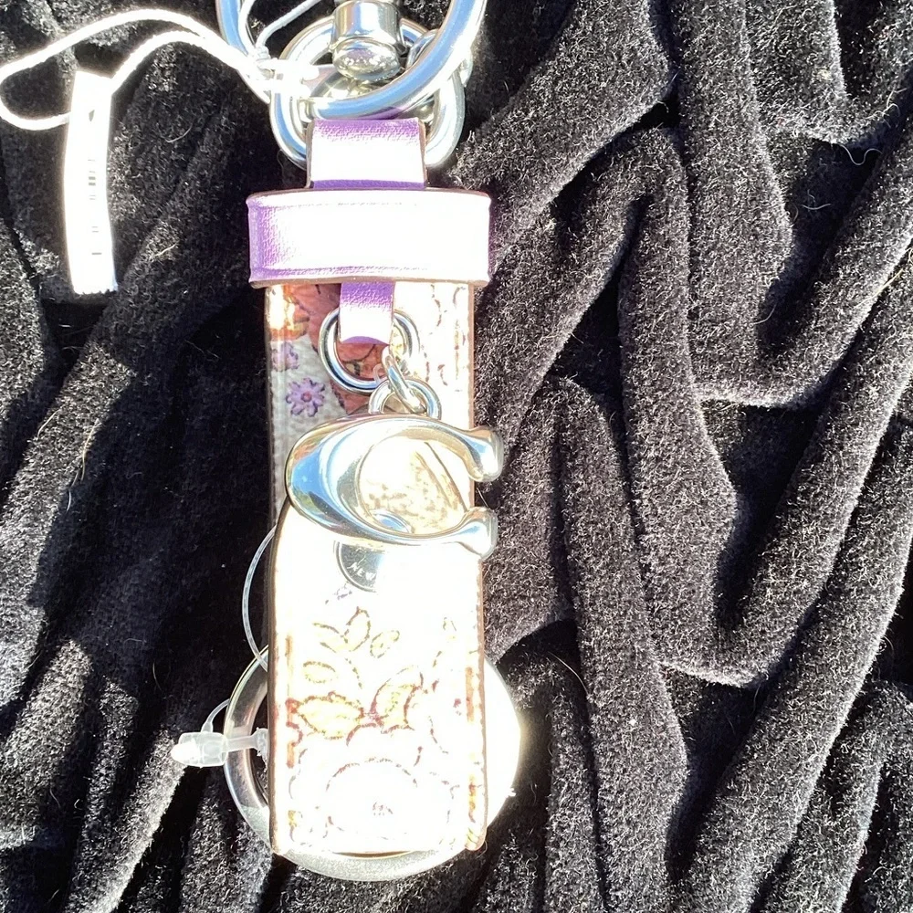 NWT Coach Trigger Snap Key Ring Bag Charm Purple and Floral Print